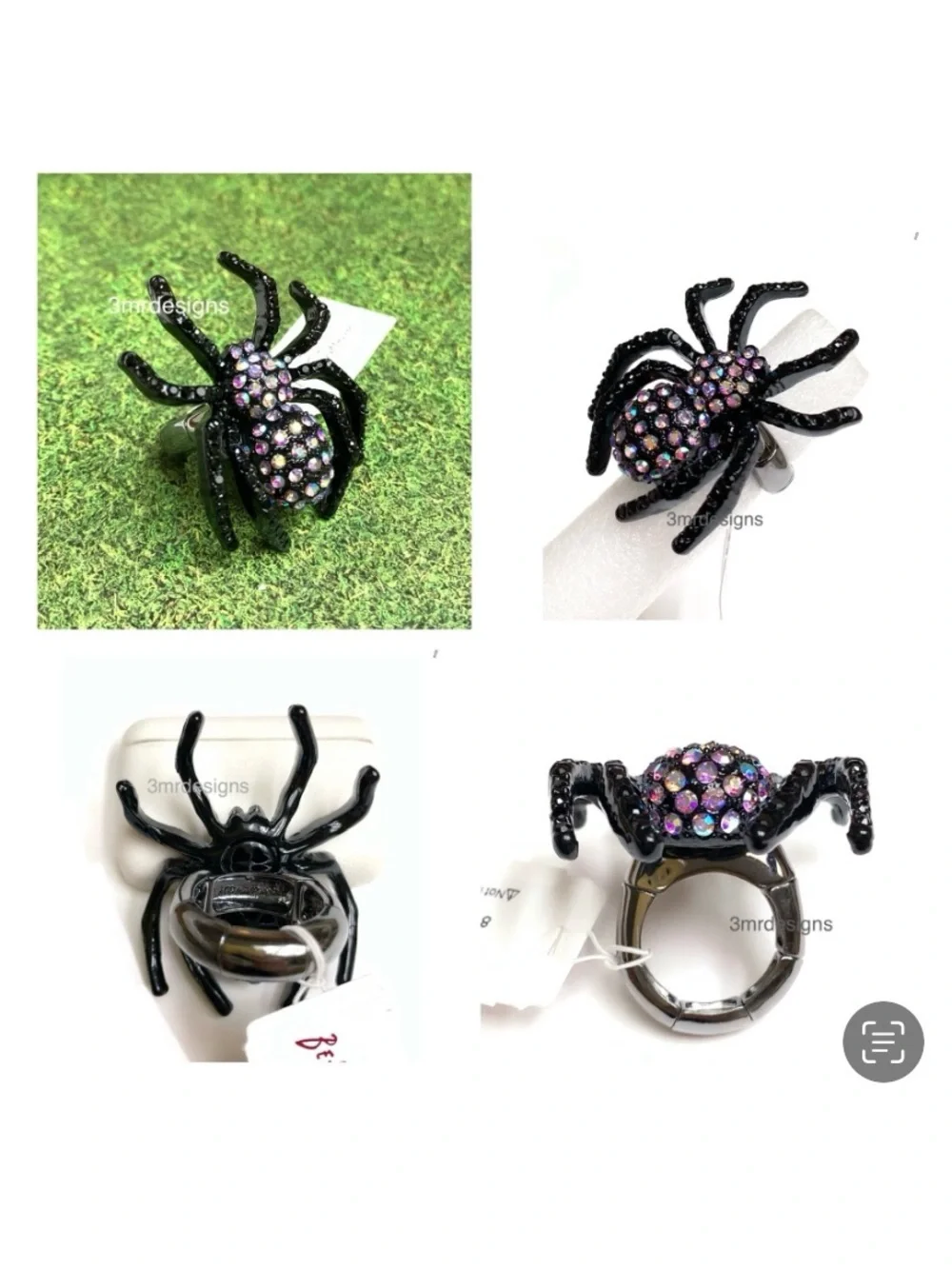 NWT Betsey Johnson 💋BLACK SPIDER Hematite Tone Iridescent Stones Stretch Ring